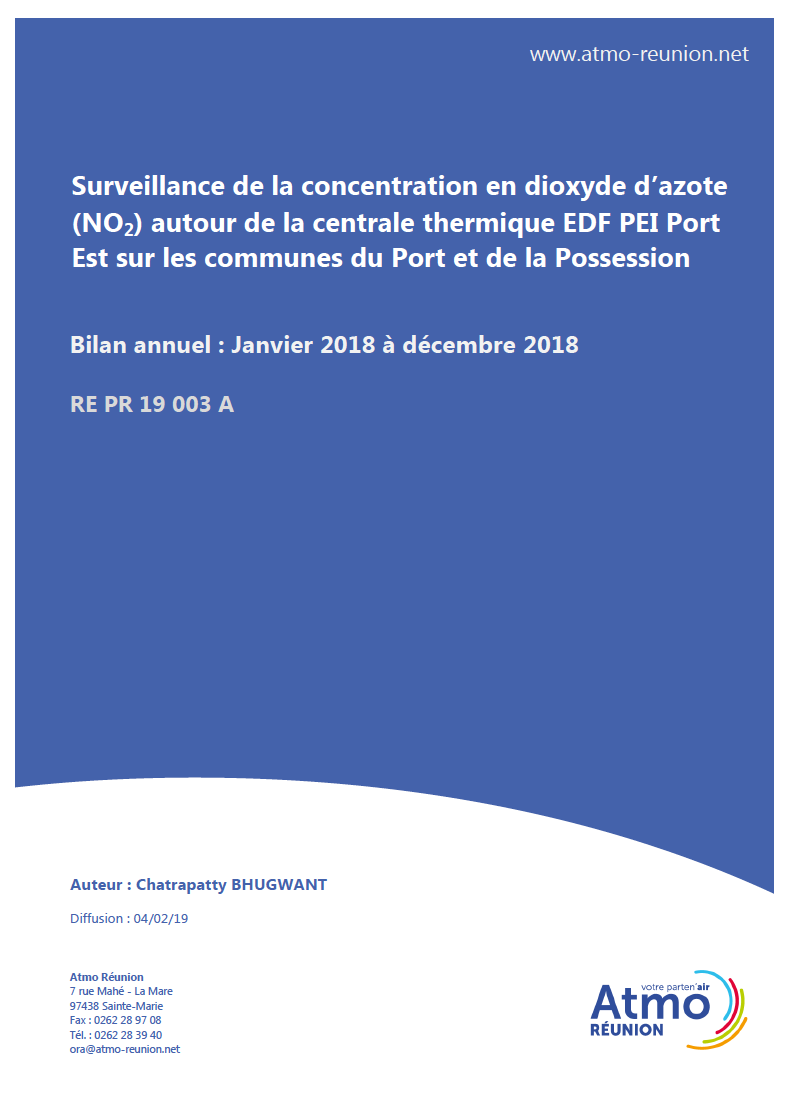 Surveillance de la concentration en dioxyde d'azote (NO₂) autour de la centrale thermique EDF PEI Port Est sur les communes du Port et de la Possession - Bilan annuel de de janvier à décembre 2018