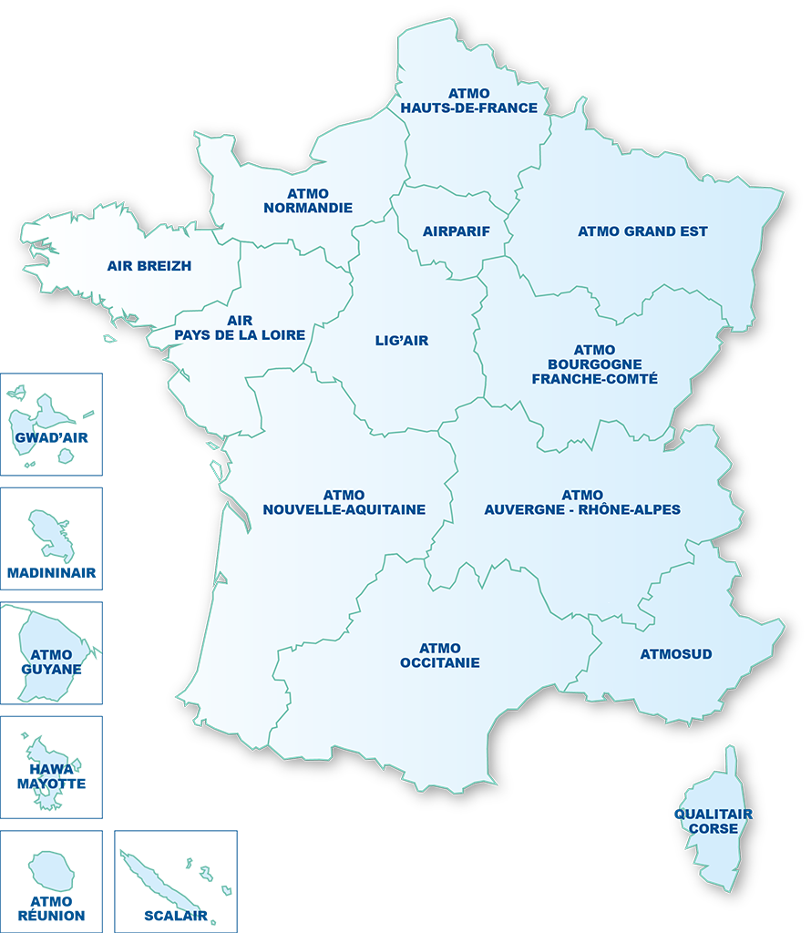 carte géographique des régions de France avec noms des observatoires par région