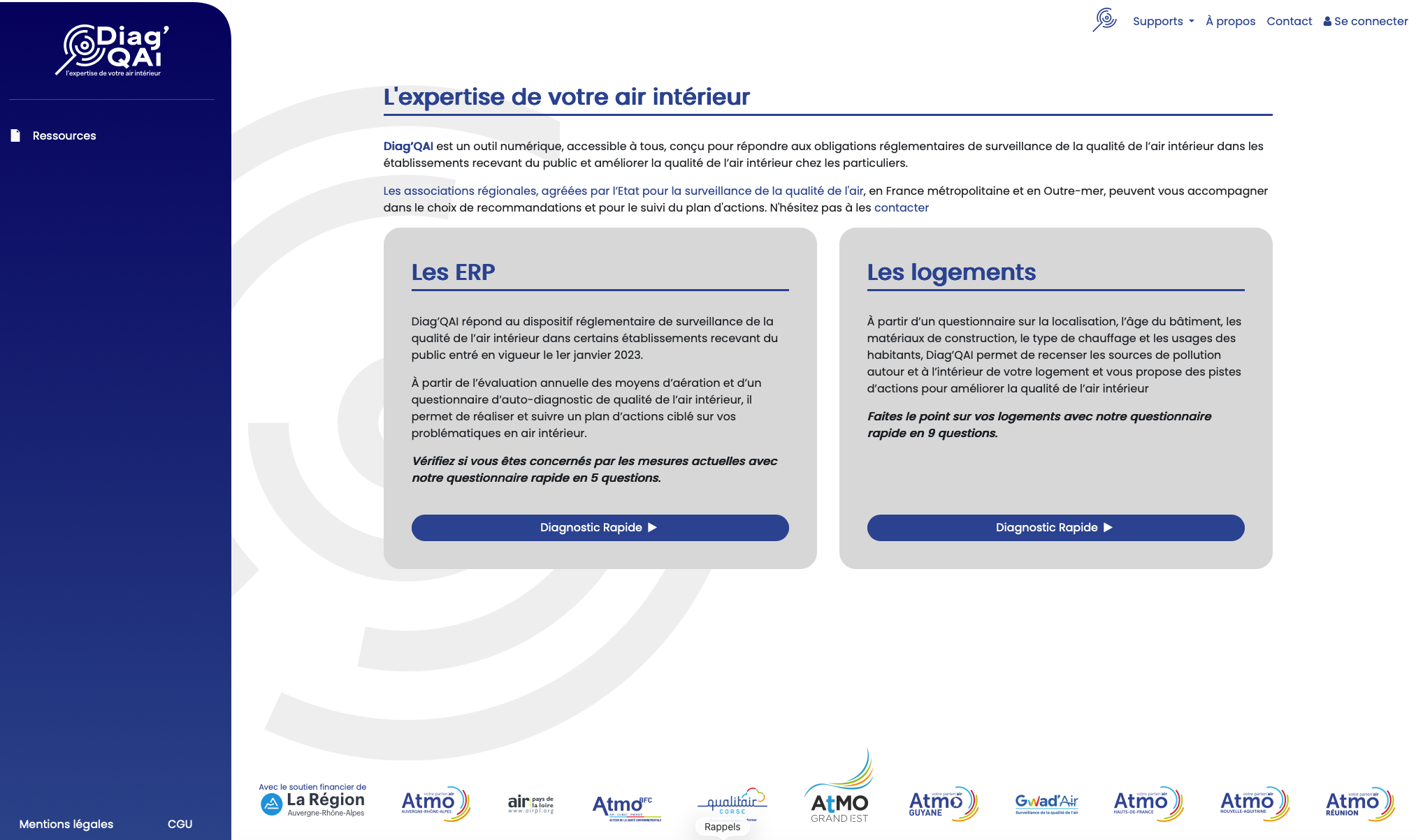 Capture d'écran de la page d'accueil du site web Diag QAI