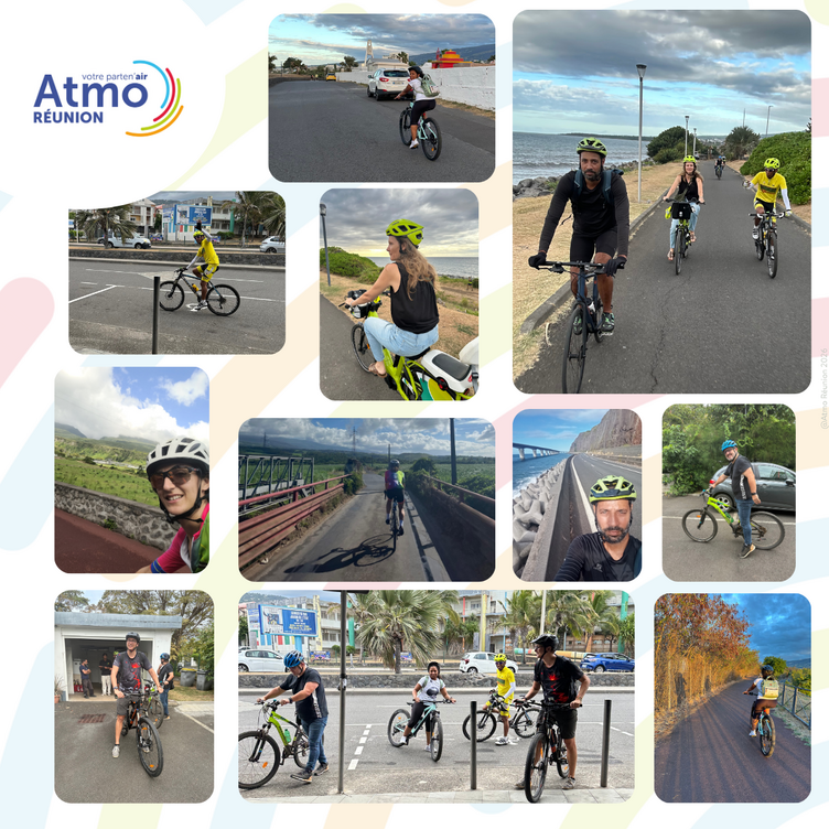 patchwork images des salariés d'Atmo Réunion à vélo 
